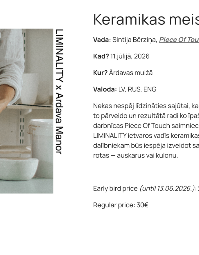 Keramikas meistarklase kopā ar Sintiju Loginu, "Piece Of Touch" 